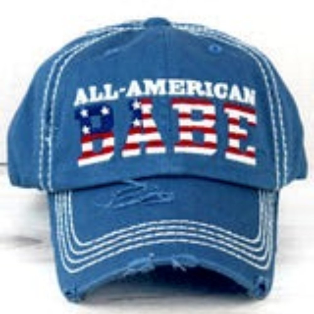 NWT WOMANS ALL AMERICAN BABE DISTRESSED BASEBALL CAP BLUE DENIM